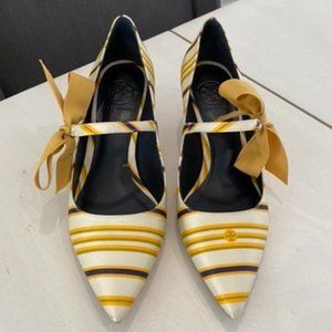 Tory Burch Striped Satin Side Bow Kitten Heels